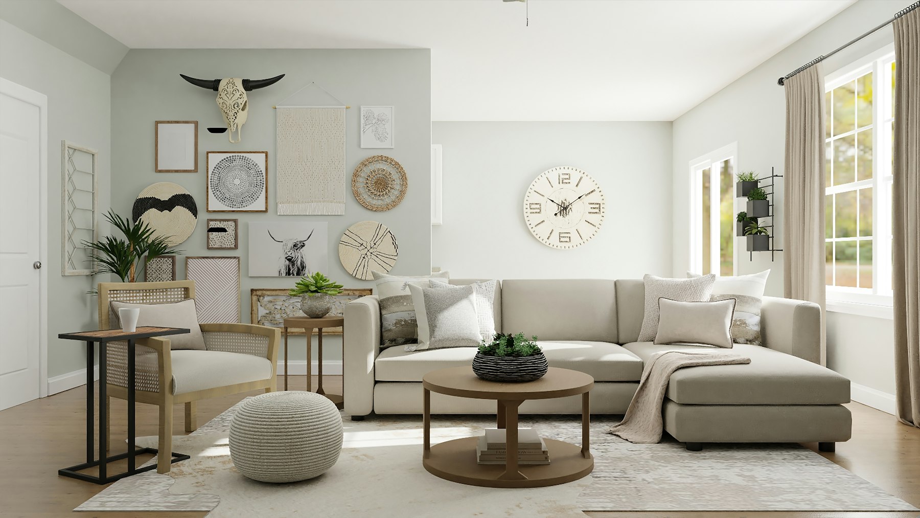 A contemporary, warmly lit residential interior with natural materials